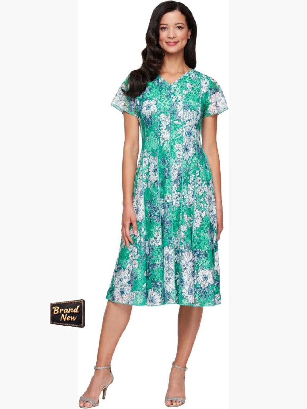 Women's Floral Lace A-Line Dress V-Neck Cap Sleeve Formal Wedding Guest